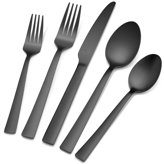 VeSteel 40-Piece Matte Black Silverware Set, Stainless Steel Flatware Set Service for 8, Metal Cutlery Eating Utensils Tableware Includes Forks/Spoons/Knives, Square Edge & Dishwasher Safe