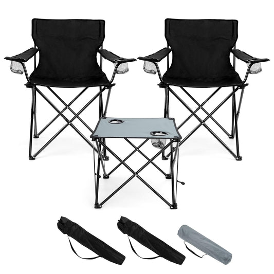 Folding Camping Chair Set of 3, Foldable Black Camp Chairs & Grey Table, Large Lawn Chair Portable for Adults Hiking, Fishing, Picnic, Outdoor BBQ, Travel, Sports, Cup Holders & Storage Bags