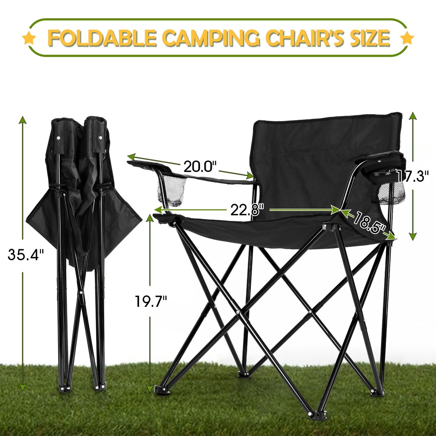 Folding Camping Chair Set of 3, Foldable Black Camp Chairs & Grey Table, Large Lawn Chair Portable for Adults Hiking, Fishing, Picnic, Outdoor BBQ, Travel, Sports, Cup Holders & Storage Bags