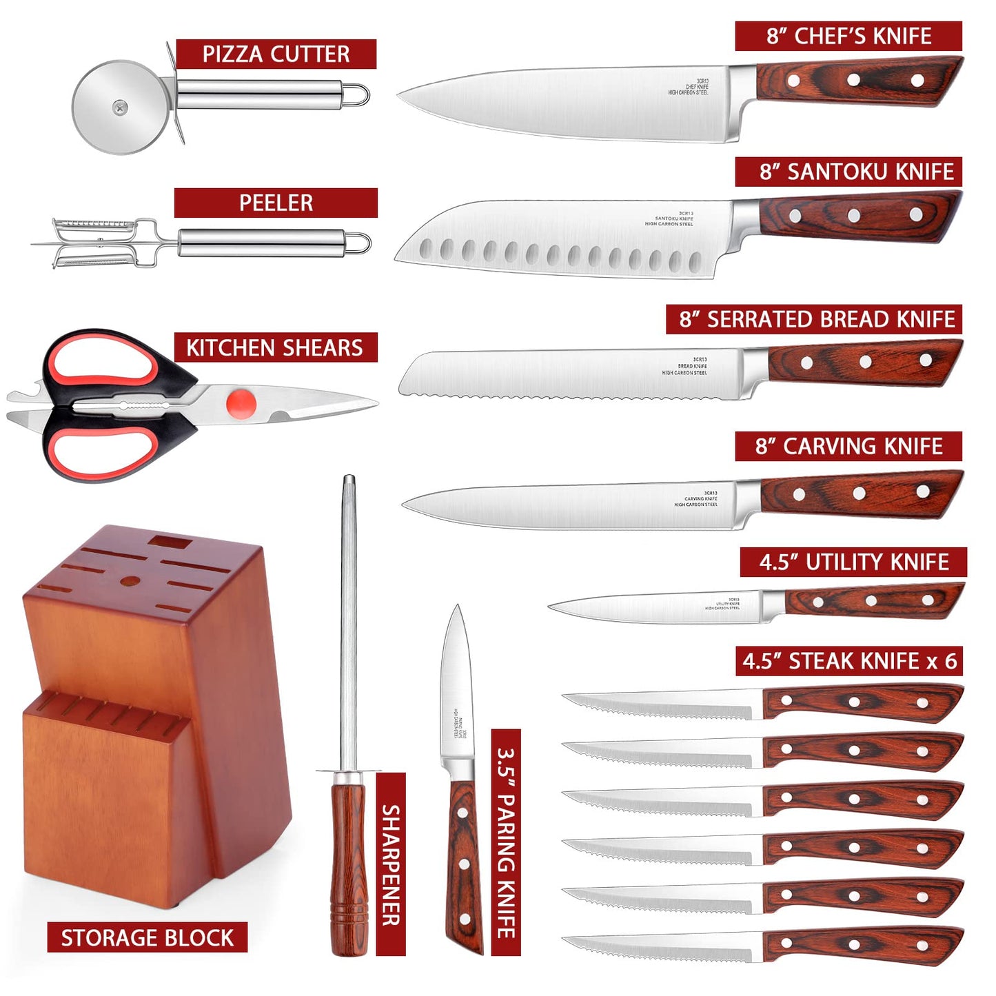 Vesteel Kitchen Knife Block Set, 17-Piece High Carbon Forged Stainless Steel Knife Sets Includes Chef Utility Paring Steak Serrated Bread Santoku Knife Sharpener - Full Tang Design