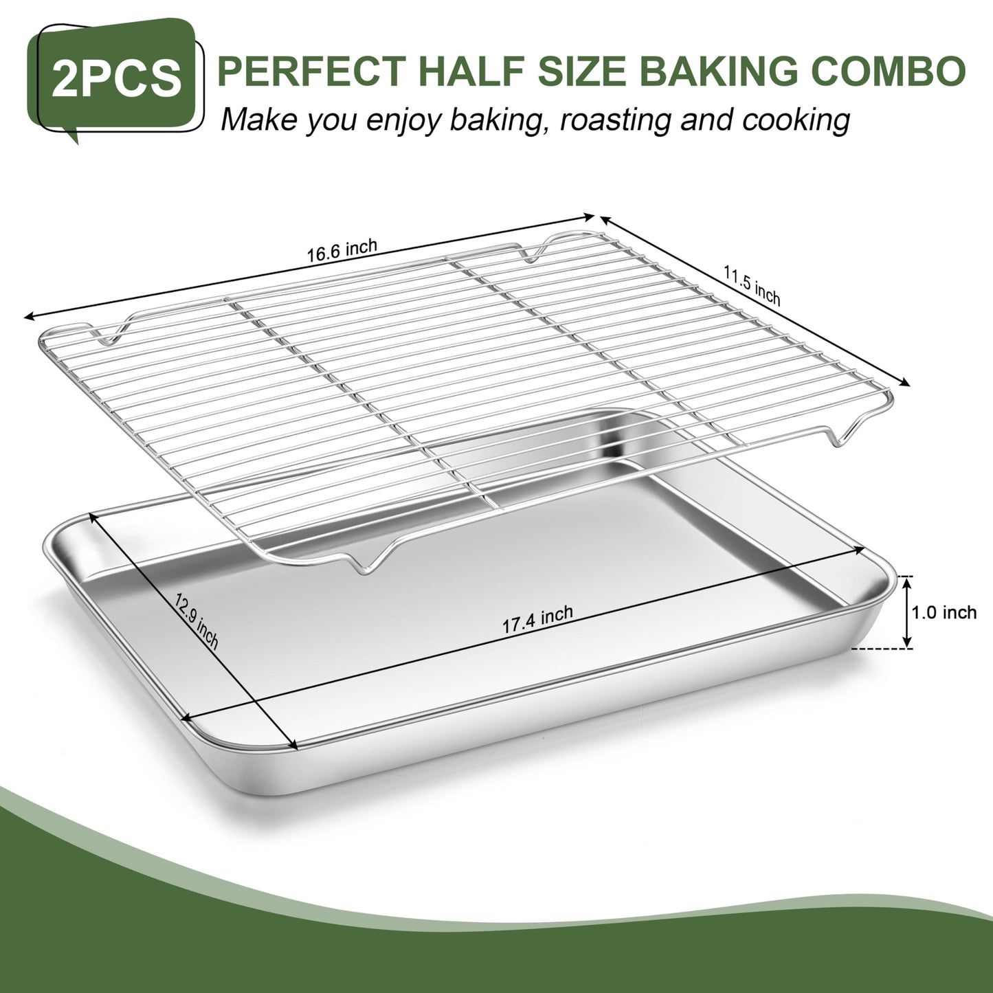 Vesteel Baking Sheet with Rack Set of 4, 18 inch Stainless Steel Cookie Sheet Baking Pan Tray with Cooling Rack, Nontoxic & Dishwasher Safe