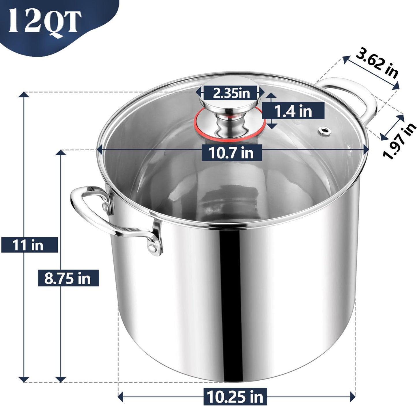 Vesteel 12QT Stockpot, 18/10 Stainless Steel Stockpot with Lid for Cooking Simmering Soup Stew, Heavy Duty Cookware Works w/Induction, Non-toxic & Corrosion Resistant, Dishwasher Safe