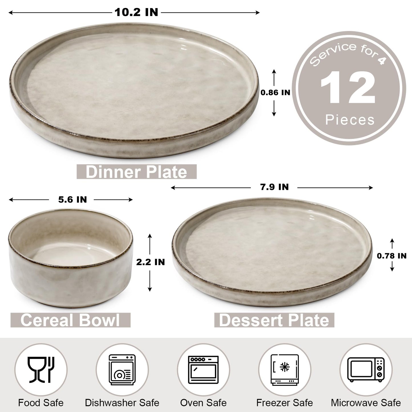 Vesteel 12-Piece Dinnerware Sets, Stoneware Plates and Bowls Set, Dishes Set for 4, Elegant Ceramic Dinnerware for Home Restaurant - Khaki