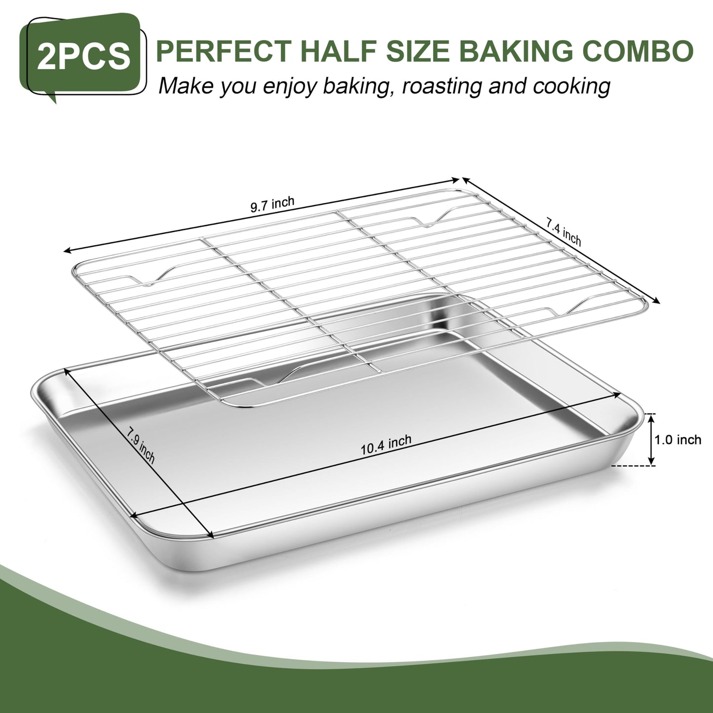 Vesteel Baking Sheet with Rack Set of 4, 10 inch Stainless Steel Cookie Sheet Baking Pan Tray with Cooling Rack, Nontoxic & Dishwasher Safe