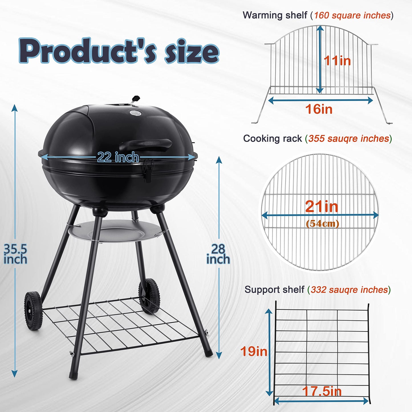 Vesteel Portable Charcoal Grill with 4 Legs and Wheels for Outdoor Cooking Barbecue Camping BBQ Coal Kettle Grill - Heavy Duty Round with Thickened Grilling Bowl for Small Patio Backyard