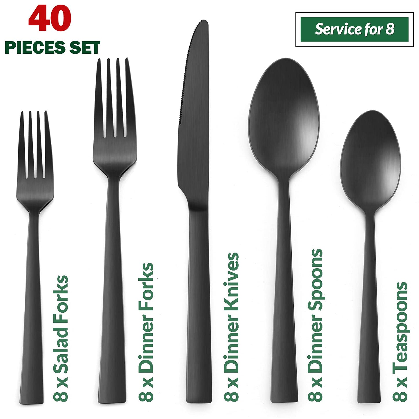 VeSteel 40-Piece Matte Black Silverware Set, Stainless Steel Flatware Set Service for 8, Metal Cutlery Eating Utensils Tableware Includes Forks/Spoons/Knives, Square Edge & Dishwasher Safe