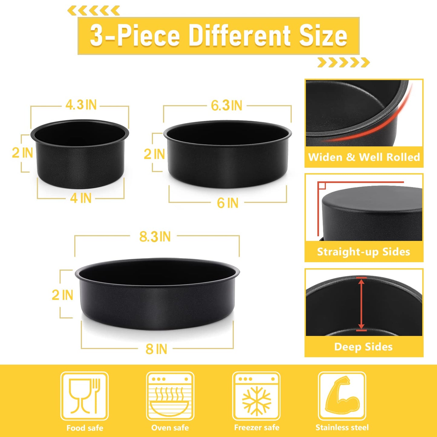Vesteel Cake Pan Set of 3 (4 /6 /8 inch), Stainless Steel Small Medium Round Layer Cake Baking Pans for Tier Smash Cake, Nonstick Birthday Cake Pans
