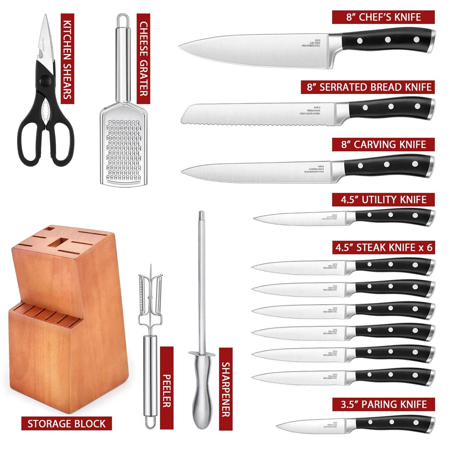 Vesteel Kitchen Knife Set with Block, 16-Piece High Carbon Stainless Steel Knife Block Set Includes Chef Utility Paring Steak Serrated Bread Knife & Sharpener Kitchen Shears, Full Tang