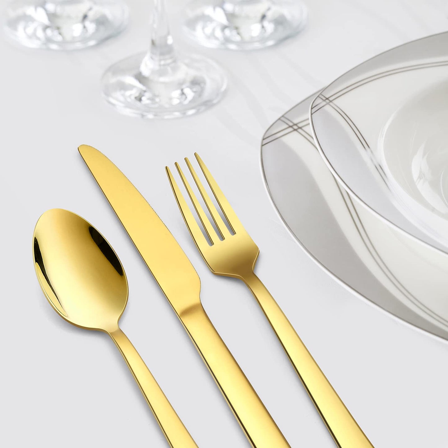 60-Piece Gold Silverware Set, Vesteel Stainless Steel Flatware Set Service for 12, Cutlery Eating Utensil Set Includes Dinner Forks/Spoons/Knives, Square Edge & Mirror Polished, Dishwasher Safe