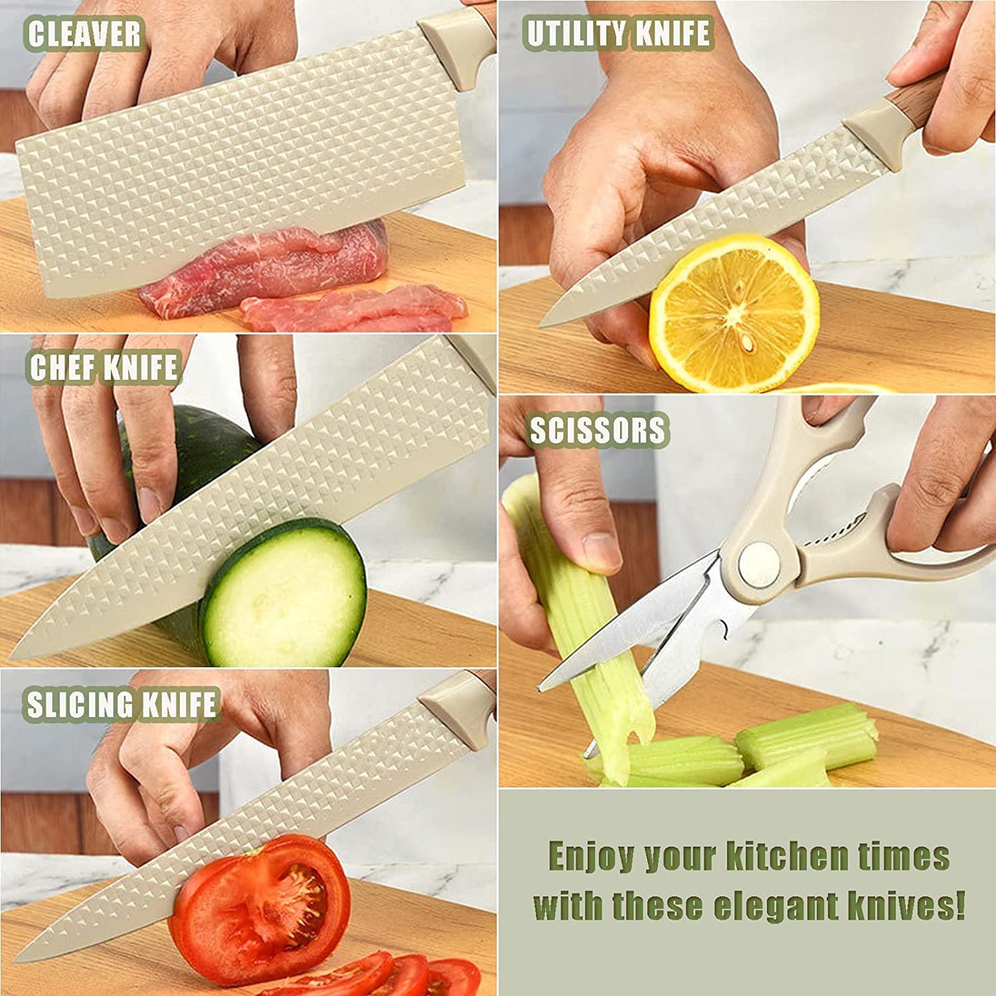 Vesteel Kitchen Knife Set of 7, Professional Stainless Steel Knives Set for Kitchen with Universal Knife Block - Khaki
