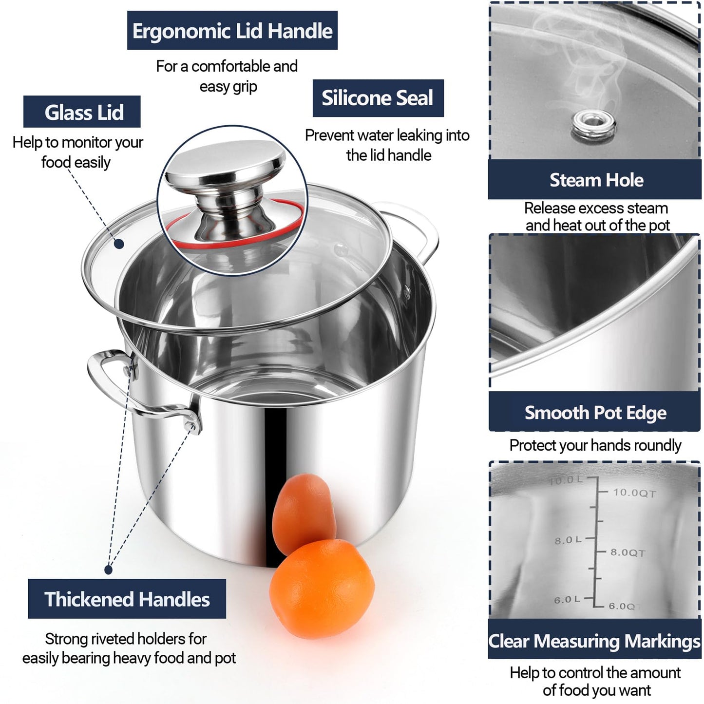 Vesteel 12QT Stockpot, 18/10 Stainless Steel Stockpot with Lid for Cooking Simmering Soup Stew, Heavy Duty Cookware Works w/Induction, Non-toxic & Corrosion Resistant, Dishwasher Safe