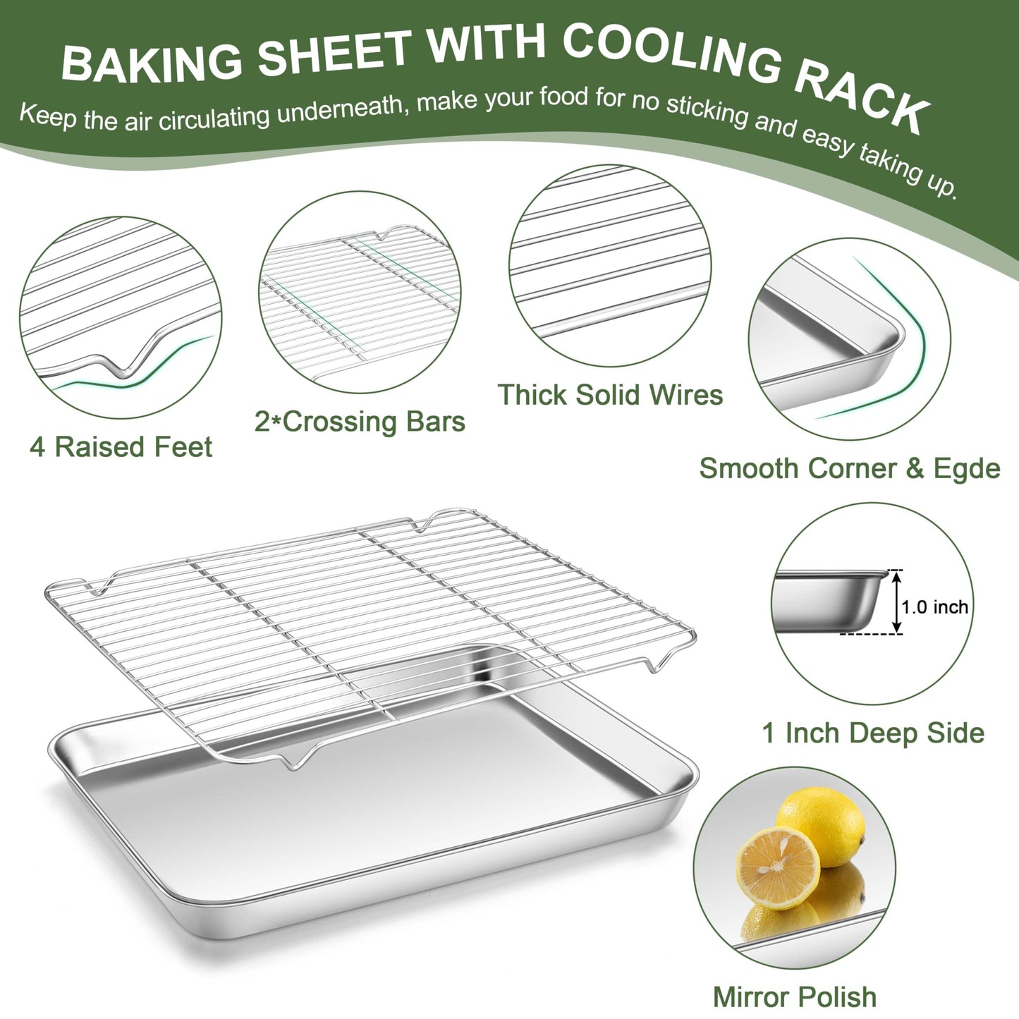 Vesteel Baking Sheet with Rack Set of 4, 18 inch Stainless Steel Cookie Sheet Baking Pan Tray with Cooling Rack, Nontoxic & Dishwasher Safe
