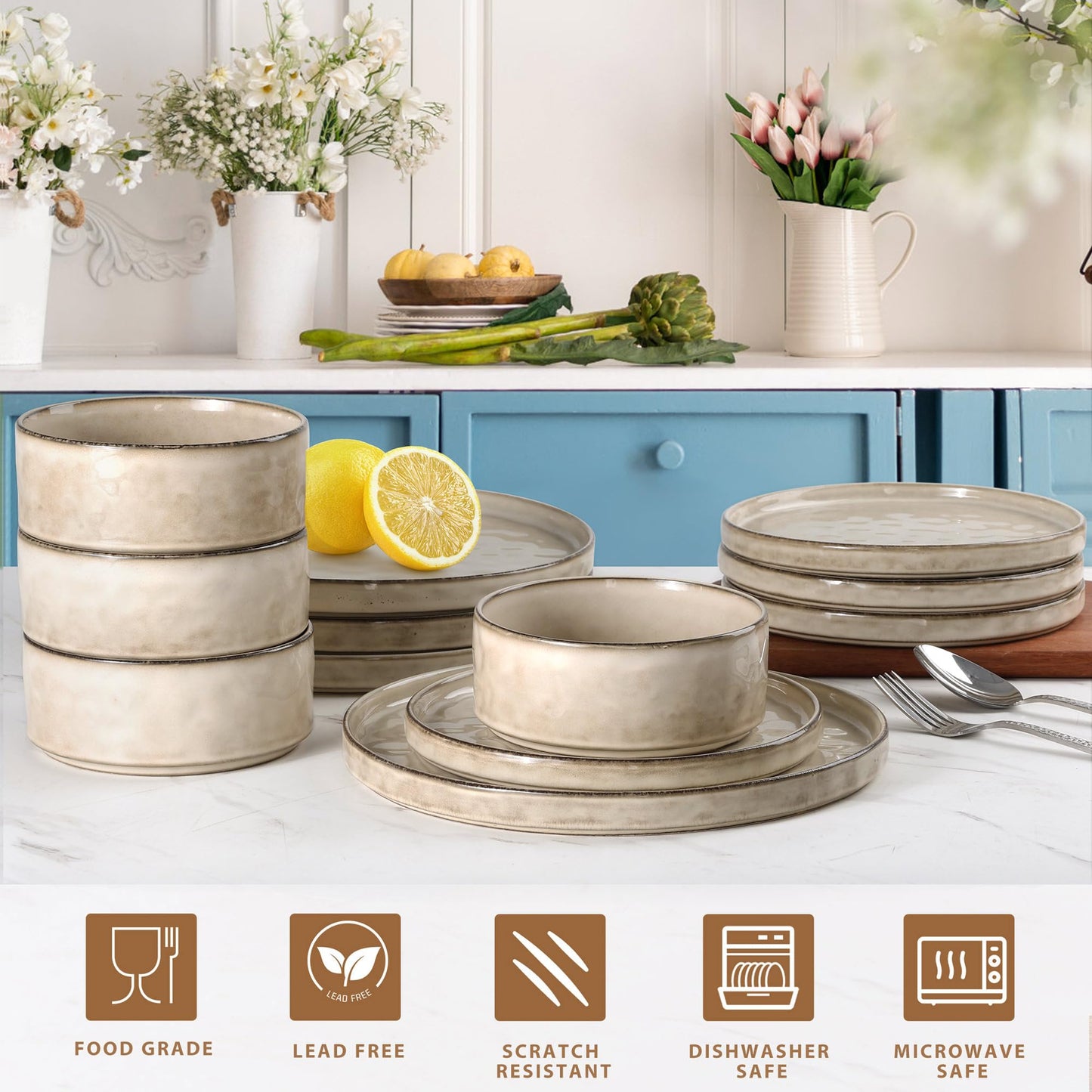 Vesteel 12-Piece Dinnerware Sets, Stoneware Plates and Bowls Set, Dishes Set for 4, Elegant Ceramic Dinnerware for Home Restaurant - Khaki