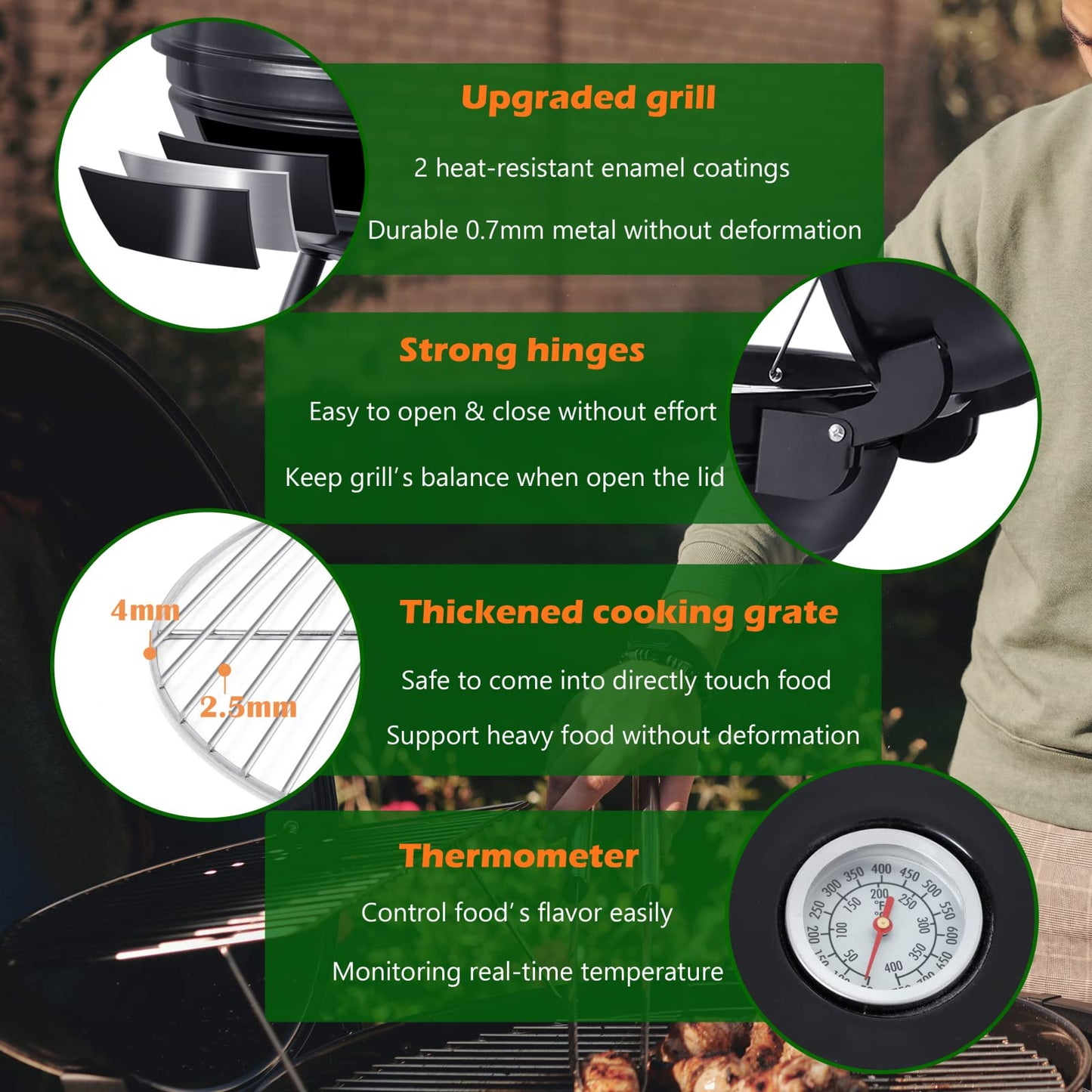 Vesteel Portable Charcoal Grill with 4 Legs and Wheels for Outdoor Cooking Barbecue Camping BBQ Coal Kettle Grill - Heavy Duty Round with Thickened Grilling Bowl for Small Patio Backyard