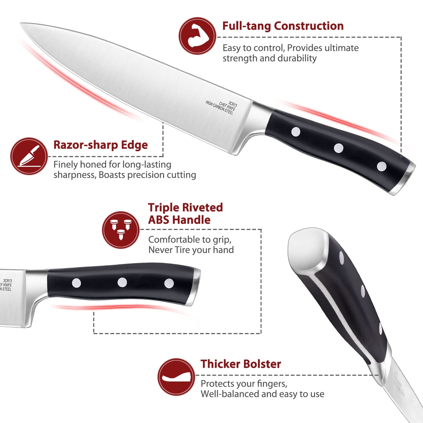 Vesteel Kitchen Knife Set with Block, 16-Piece High Carbon Stainless Steel Knife Block Set Includes Chef Utility Paring Steak Serrated Bread Knife & Sharpener Kitchen Shears, Full Tang