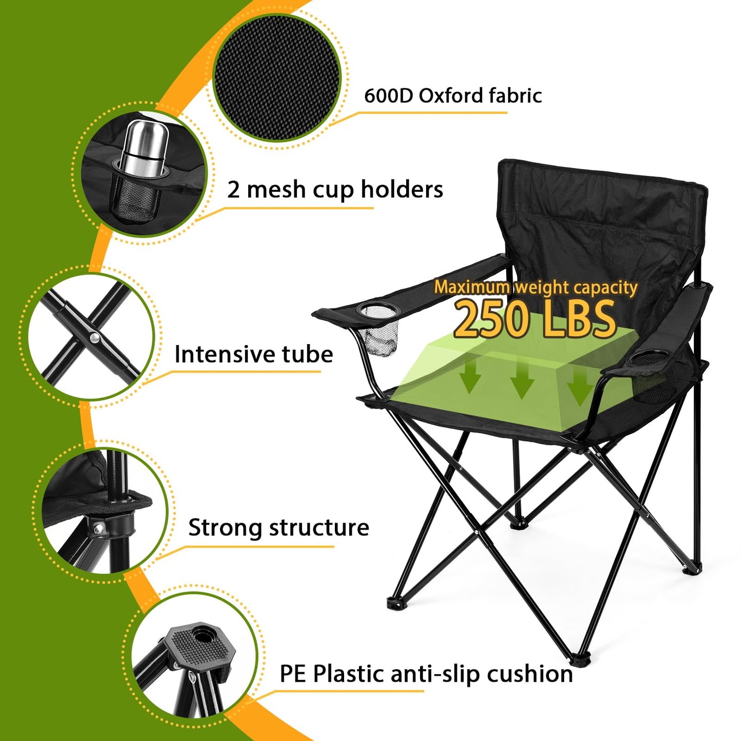 Folding Camping Chair Set of 3, Foldable Black Camp Chairs & Grey Table, Large Lawn Chair Portable for Adults Hiking, Fishing, Picnic, Outdoor BBQ, Travel, Sports, Cup Holders & Storage Bags