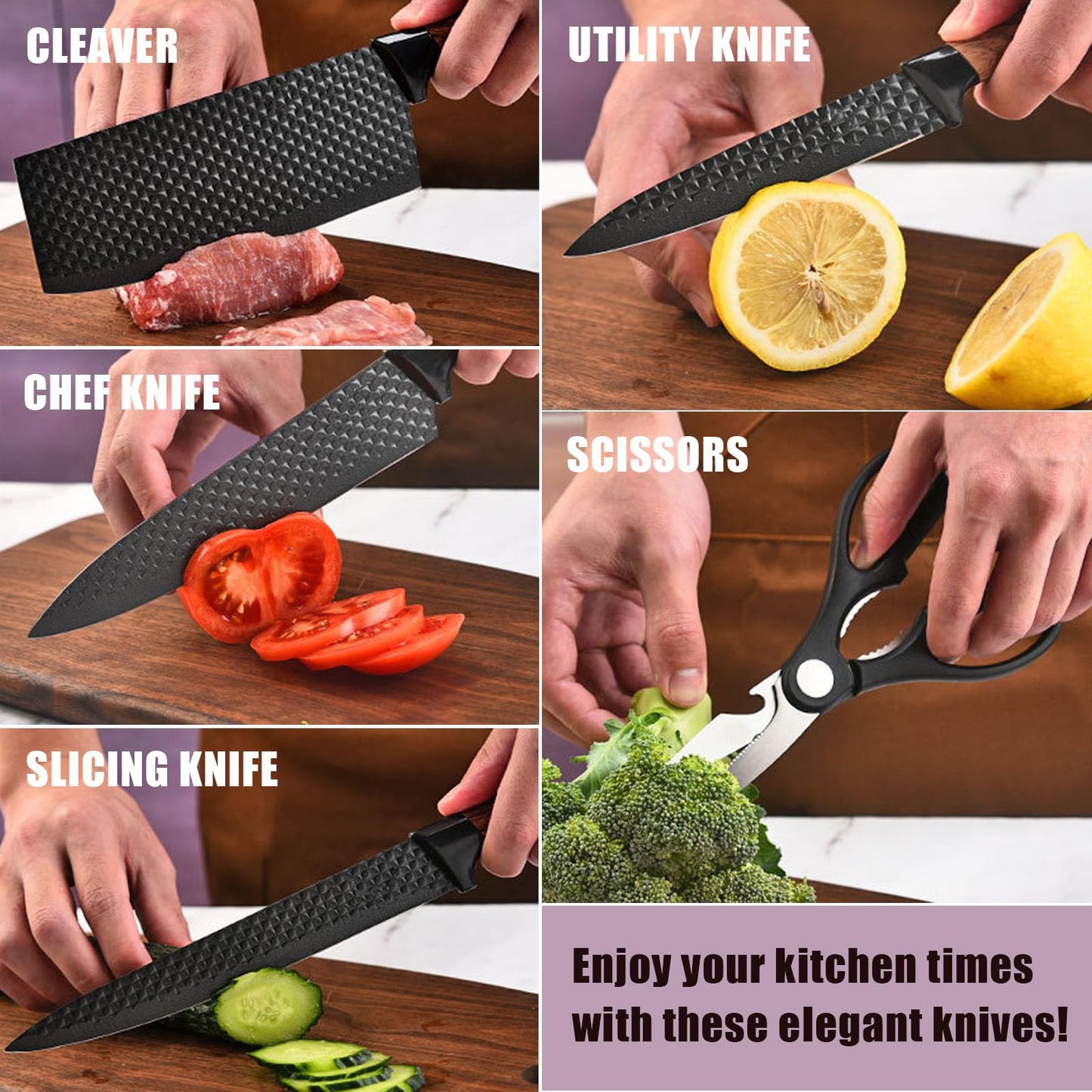 Vesteel Kitchen Knife Set of 7, Professional Stainless Steel Knives Set for Kitchen with Universal Knife Block - Black