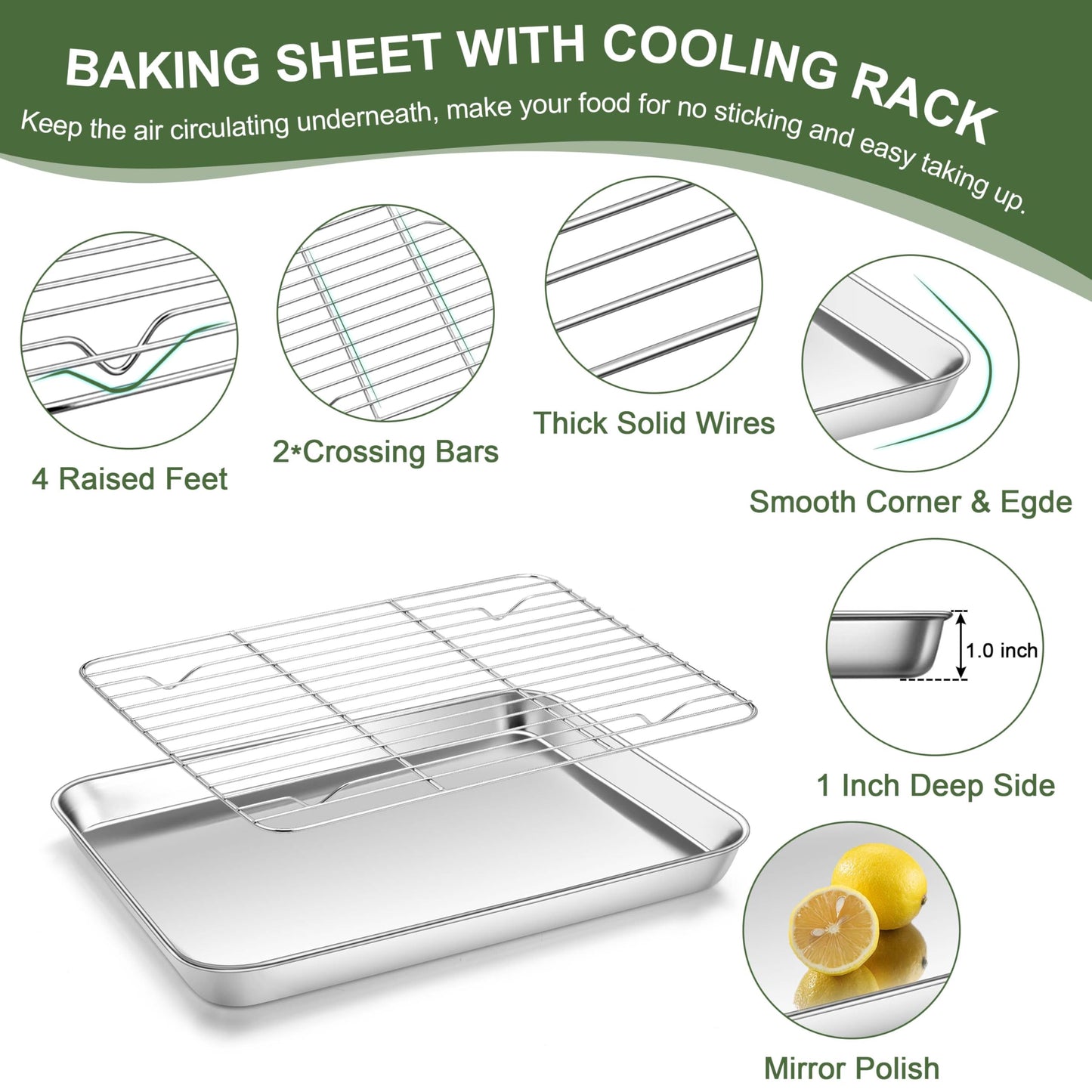 Vesteel Baking Sheet with Rack Set of 4, 10 inch Stainless Steel Cookie Sheet Baking Pan Tray with Cooling Rack, Nontoxic & Dishwasher Safe