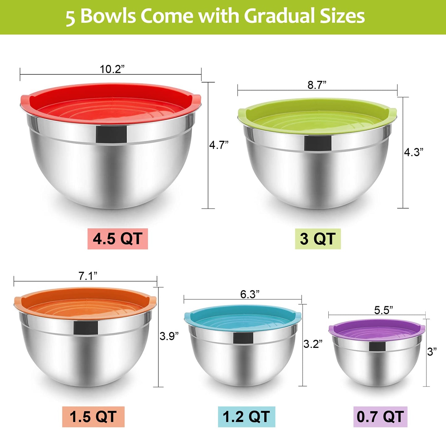 Mixing Bowls with Lids Set of 5, Vesteel Stainless Steel Mixing Bowls Metal Nesting Salad Bowls, Size 4.5, 3, 1.5, 1, 0.7 QT Great for Cooking, Baking, Serving - Multi-Color
