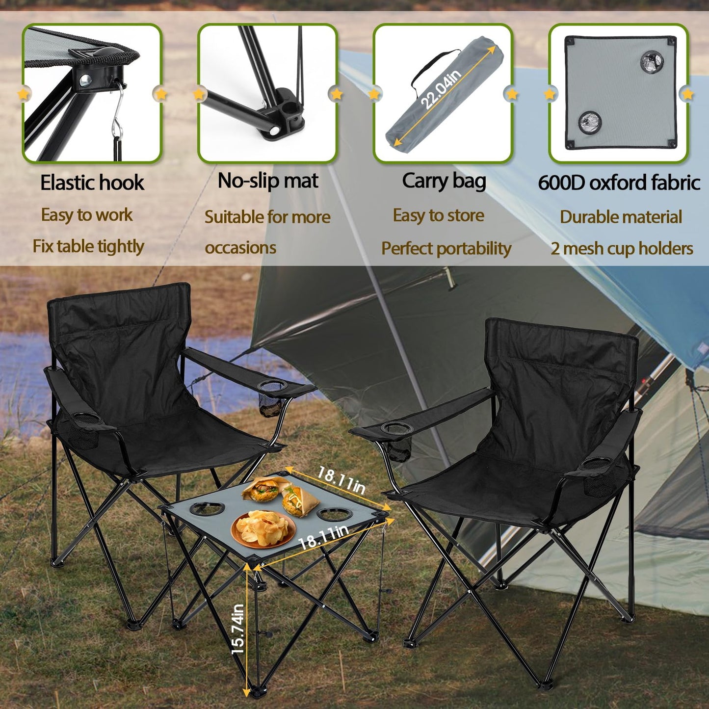 Folding Camping Chair Set of 3, Foldable Black Camp Chairs & Grey Table, Large Lawn Chair Portable for Adults Hiking, Fishing, Picnic, Outdoor BBQ, Travel, Sports, Cup Holders & Storage Bags