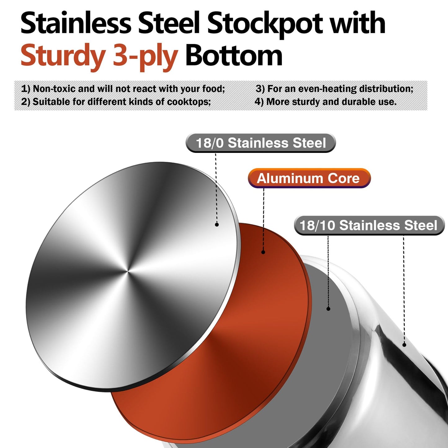 Vesteel 12QT Stockpot, 18/10 Stainless Steel Stockpot with Lid for Cooking Simmering Soup Stew, Heavy Duty Cookware Works w/Induction, Non-toxic & Corrosion Resistant, Dishwasher Safe