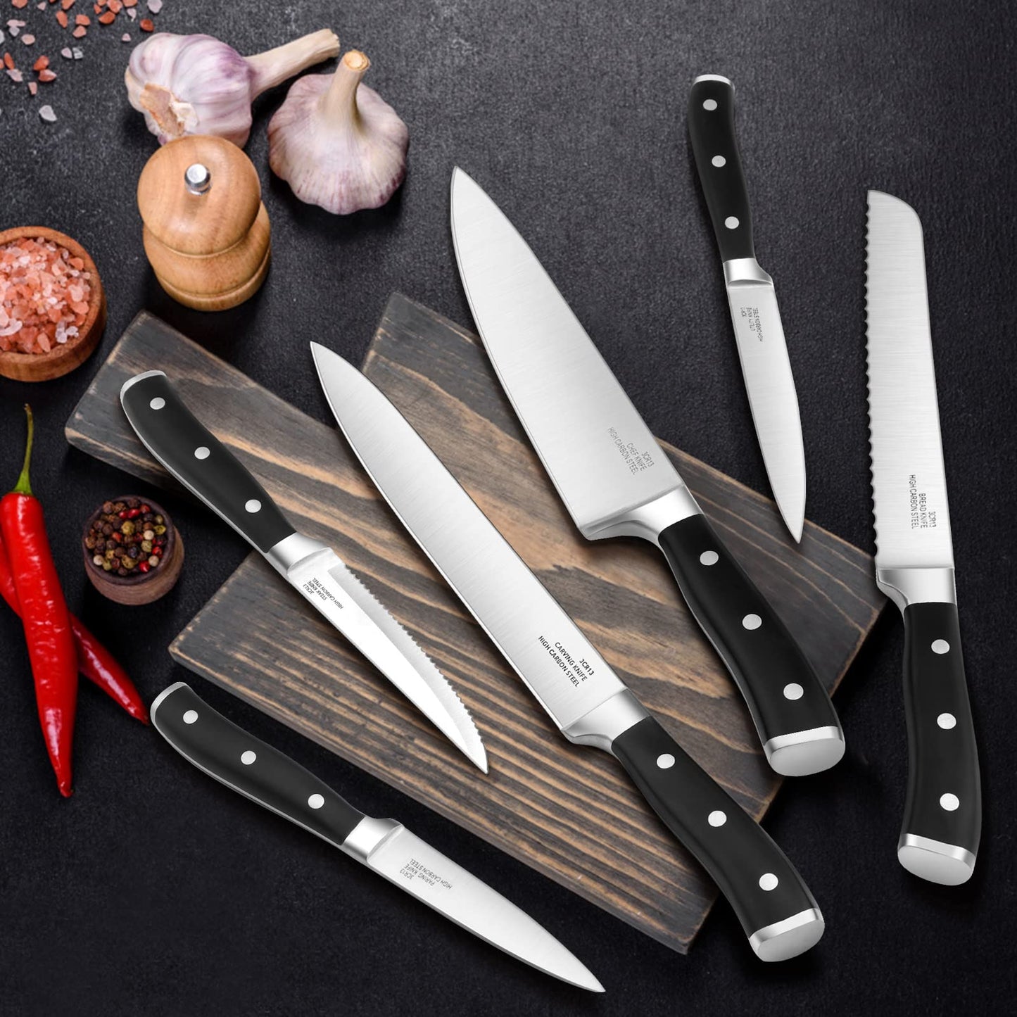 Vesteel Kitchen Knife Set with Block, 16-Piece High Carbon Stainless Steel Knife Block Set Includes Chef Utility Paring Steak Serrated Bread Knife & Sharpener Kitchen Shears, Full Tang
