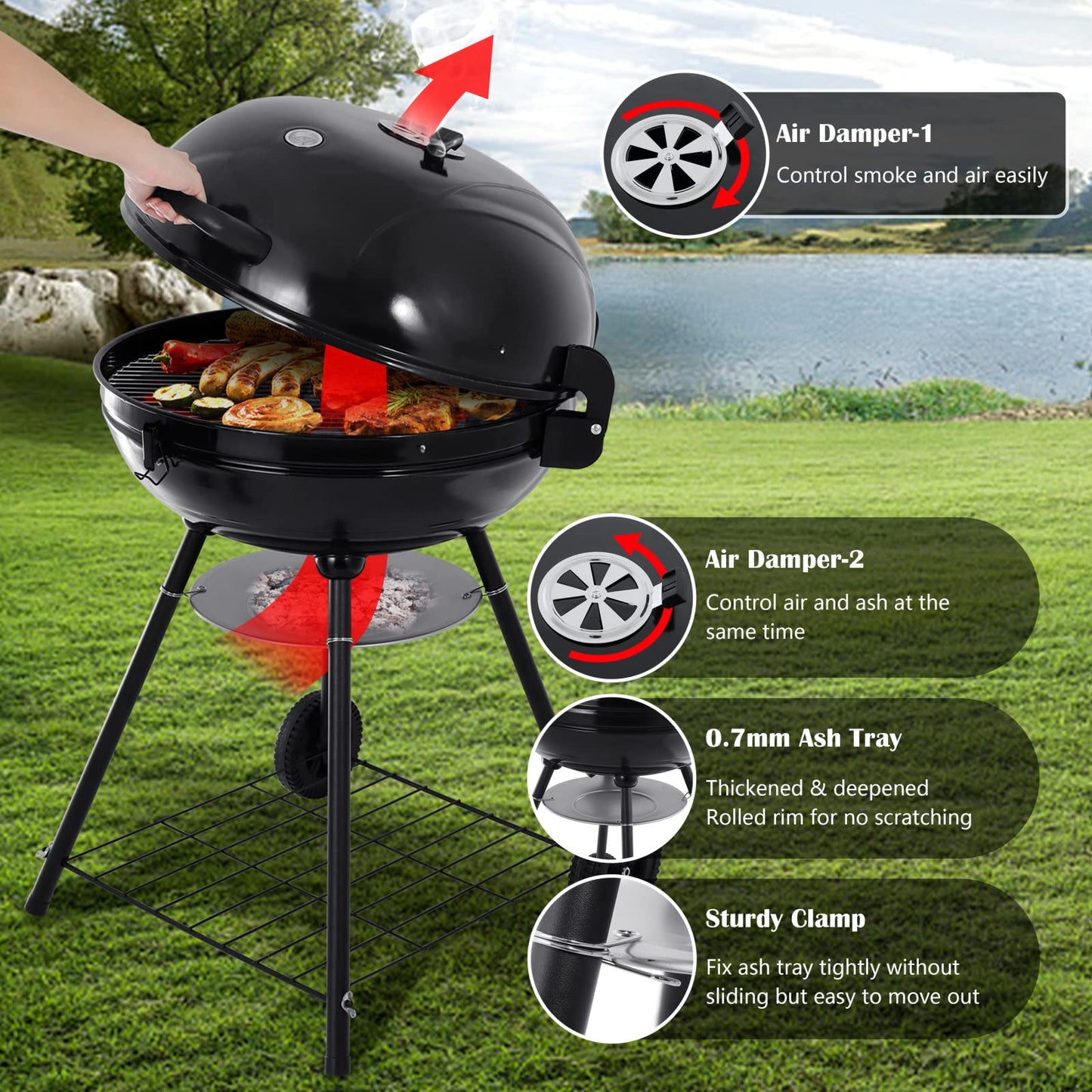 Vesteel Portable Charcoal Grill with 4 Legs and Wheels for Outdoor Cooking Barbecue Camping BBQ Coal Kettle Grill - Heavy Duty Round with Thickened Grilling Bowl for Small Patio Backyard