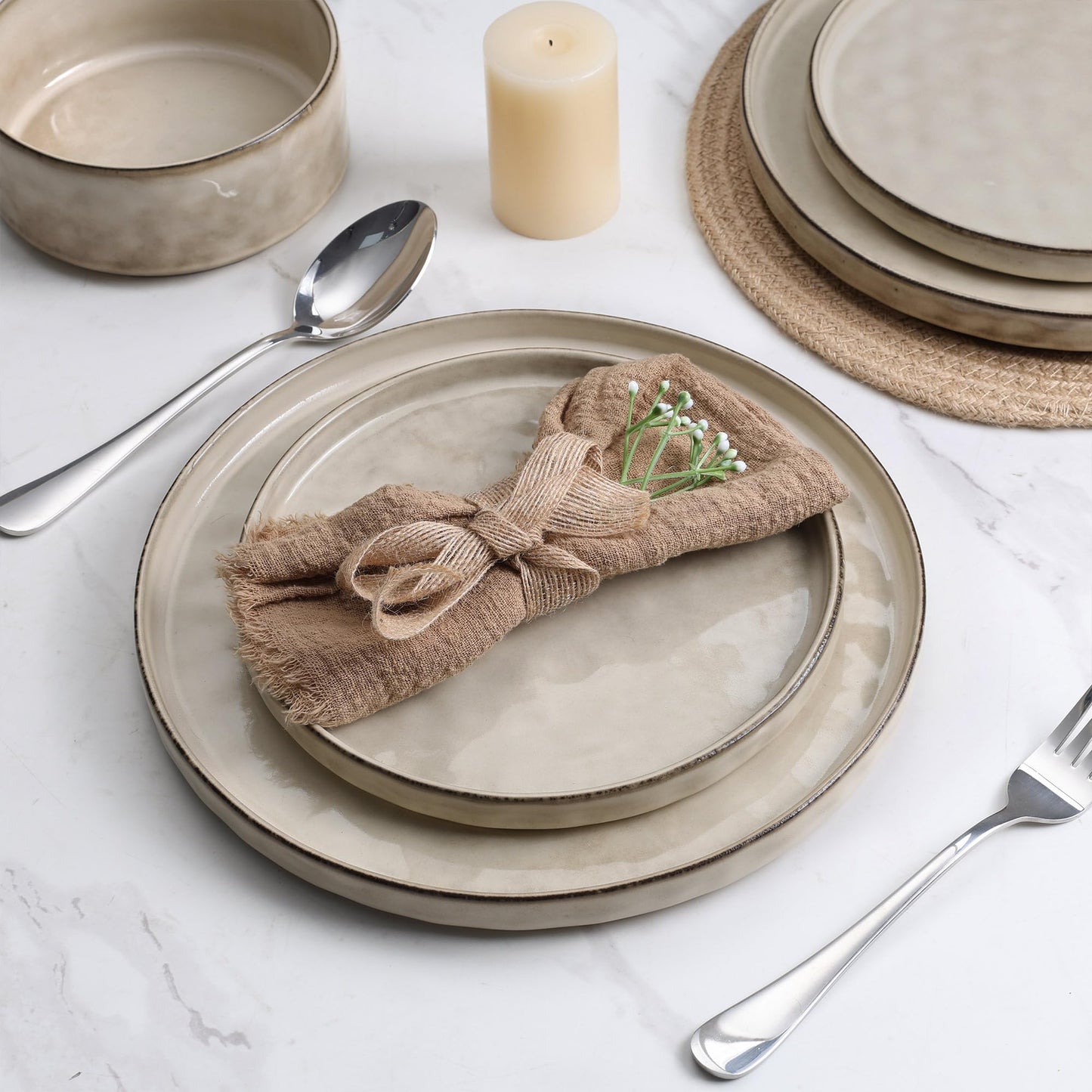 Vesteel 12-Piece Dinnerware Sets, Stoneware Plates and Bowls Set, Dishes Set for 4, Elegant Ceramic Dinnerware for Home Restaurant - Khaki