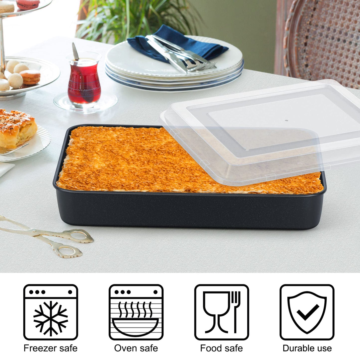 Vesteel Stainless Steel Baking Pan with Lid, 12.5 x 9.75 x 2 Inch Nonstick Rectangle Sheet Cake Pans with Covers, Non-toxic Bakeware Set for Casseroles Brownies Cakes ( 2 Pans + 2 Lids )