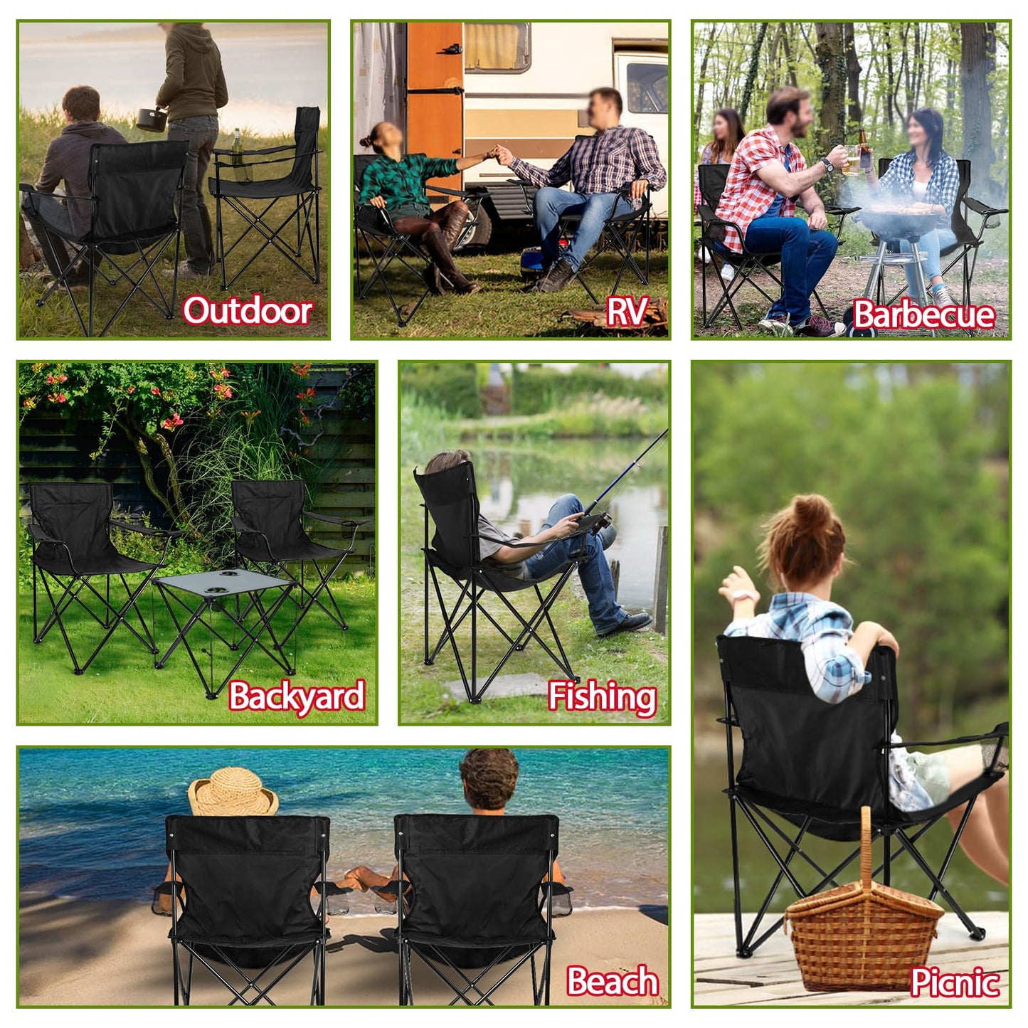 Folding Camping Chair Set of 3, Foldable Black Camp Chairs & Grey Table, Large Lawn Chair Portable for Adults Hiking, Fishing, Picnic, Outdoor BBQ, Travel, Sports, Cup Holders & Storage Bags