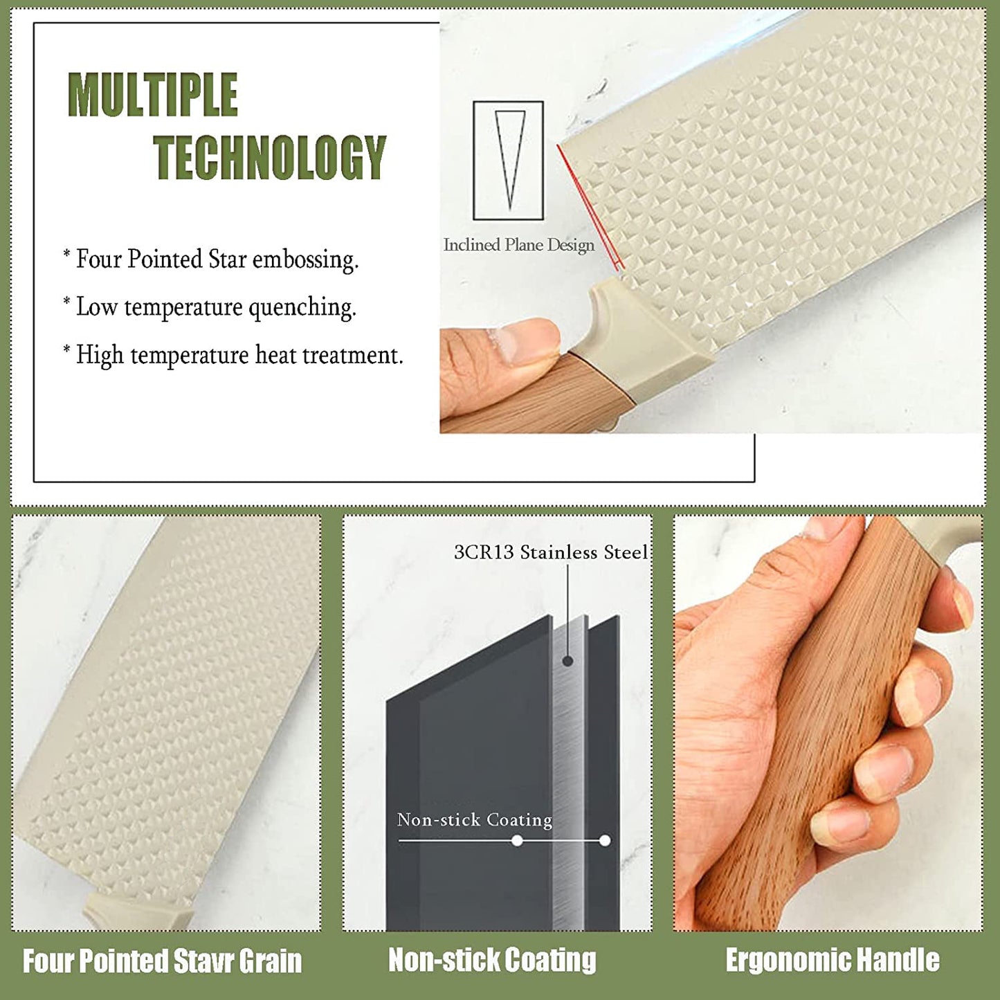 Vesteel Kitchen Knife Set of 7, Professional Stainless Steel Knives Set for Kitchen with Universal Knife Block - Khaki