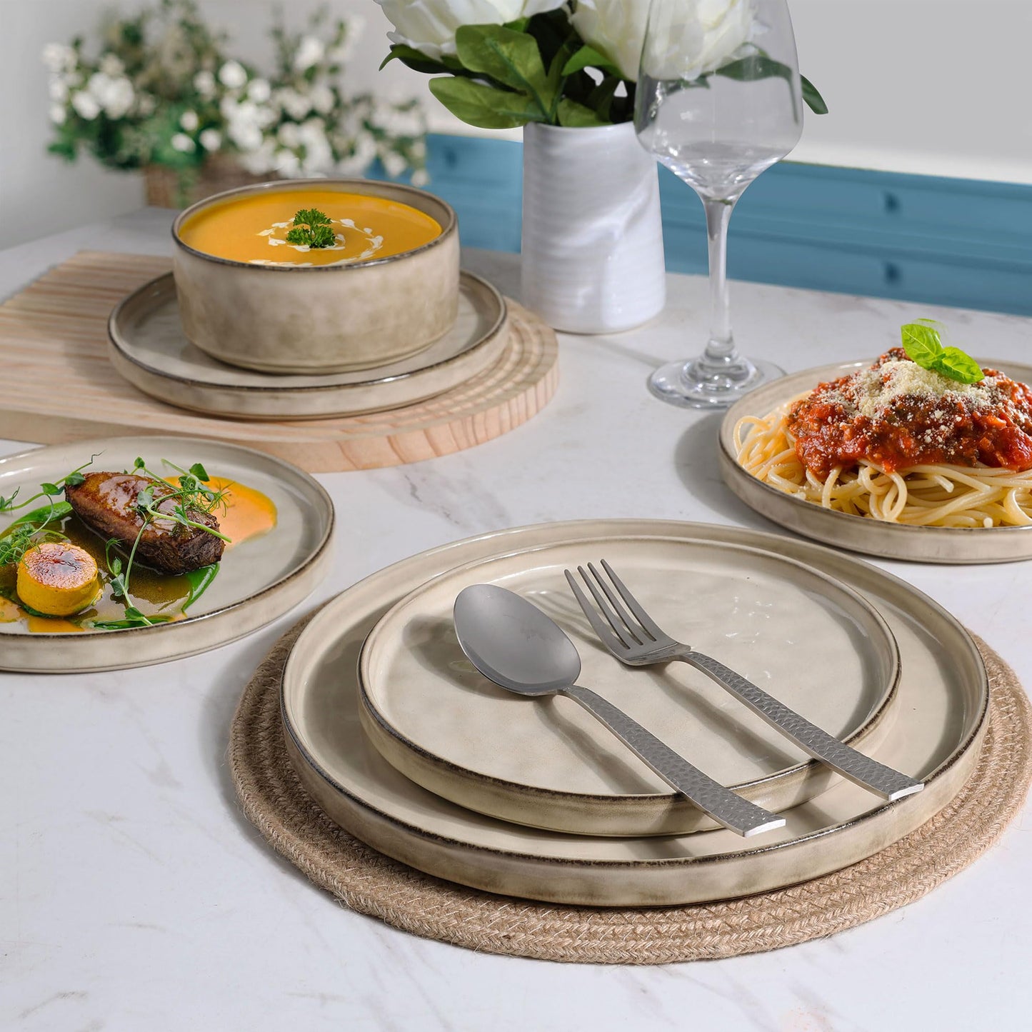 Vesteel 12-Piece Dinnerware Sets, Stoneware Plates and Bowls Set, Dishes Set for 4, Elegant Ceramic Dinnerware for Home Restaurant - Khaki
