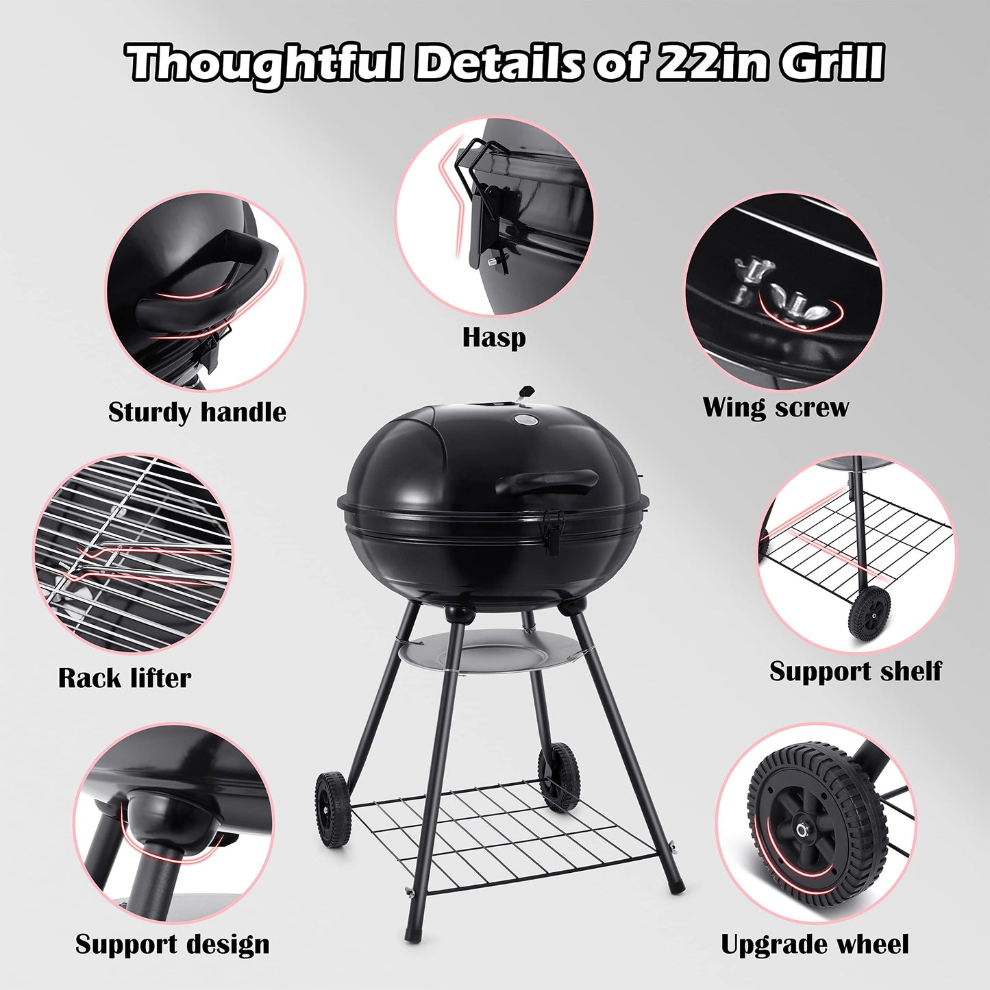 Vesteel Portable Charcoal Grill with 4 Legs and Wheels for Outdoor Cooking Barbecue Camping BBQ Coal Kettle Grill - Heavy Duty Round with Thickened Grilling Bowl for Small Patio Backyard