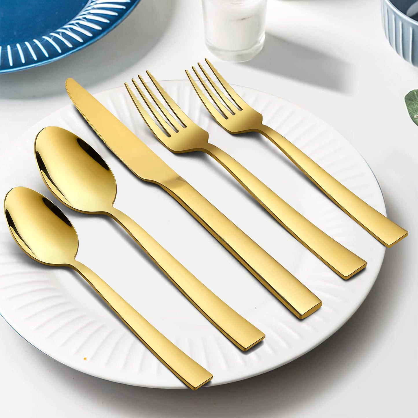 60-Piece Gold Silverware Set, Vesteel Stainless Steel Flatware Set Service for 12, Cutlery Eating Utensil Set Includes Dinner Forks/Spoons/Knives, Square Edge & Mirror Polished, Dishwasher Safe