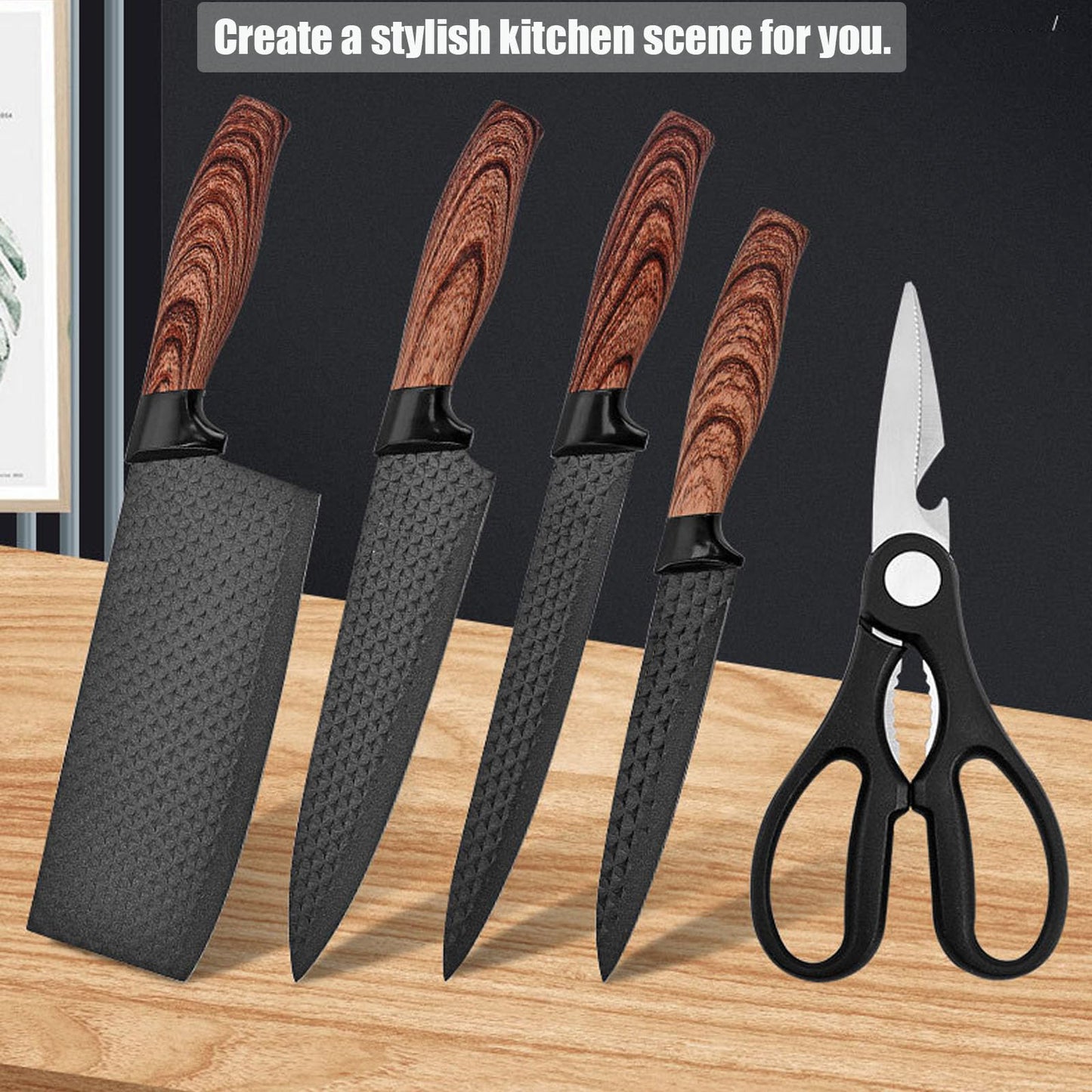 Vesteel Kitchen Knife Set of 7, Professional Stainless Steel Knives Set for Kitchen with Universal Knife Block - Black