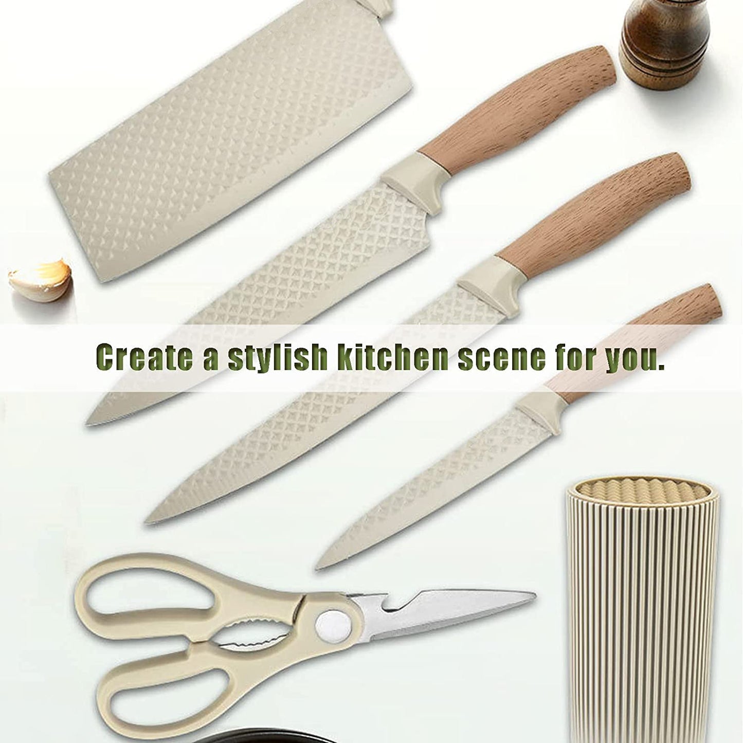 Vesteel Kitchen Knife Set of 7, Professional Stainless Steel Knives Set for Kitchen with Universal Knife Block - Khaki