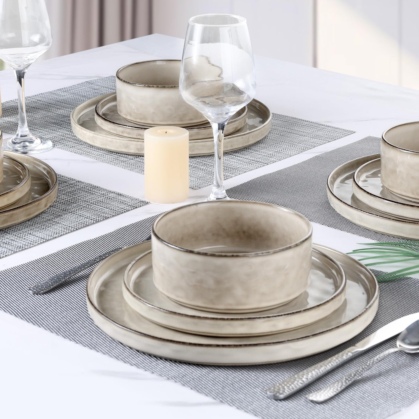 Vesteel 12-Piece Dinnerware Sets, Stoneware Plates and Bowls Set, Dishes Set for 4, Elegant Ceramic Dinnerware for Home Restaurant - Khaki