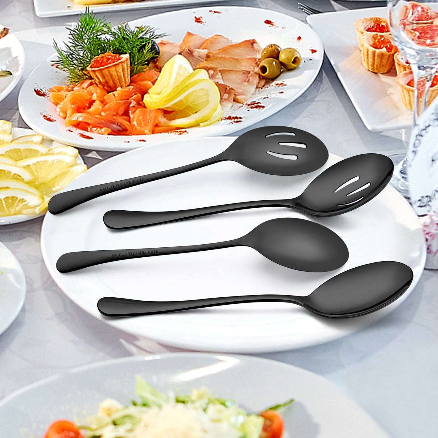 Vesteel 9 Piece Serving Set, 9.8 Inch Stainless Steel Silver Buffet Banquet Catering Serving Spoons Tongs Set, Black