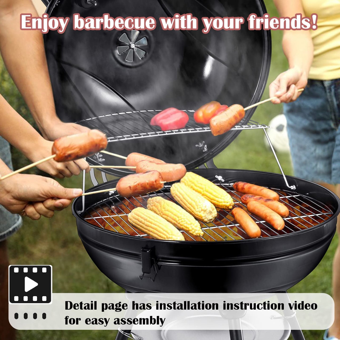 Vesteel Portable Charcoal Grill with 4 Legs and Wheels for Outdoor Cooking Barbecue Camping BBQ Coal Kettle Grill - Heavy Duty Round with Thickened Grilling Bowl for Small Patio Backyard