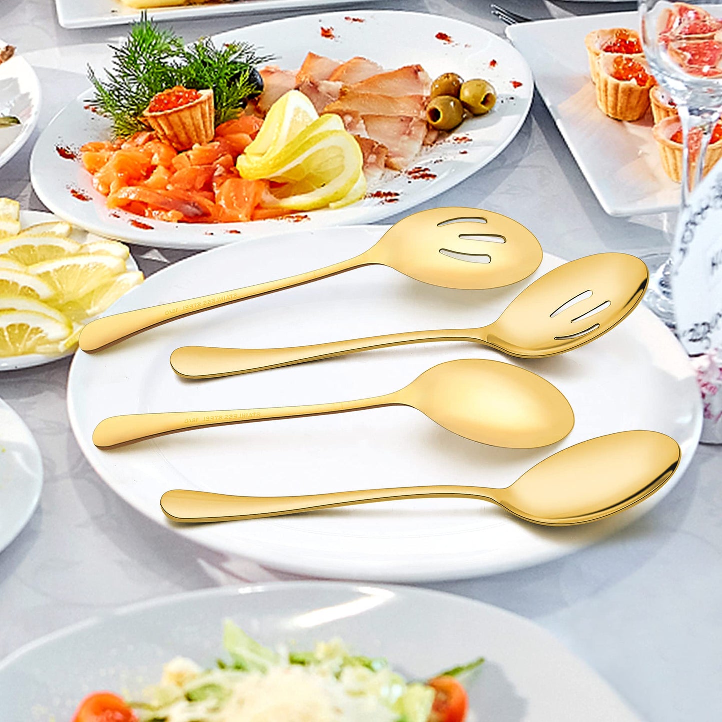 Vesteel 9 Piece Serving Set, 9.8 Inch Stainless Steel Silver Buffet Banquet Catering Serving Spoons Tongs Set, Gold
