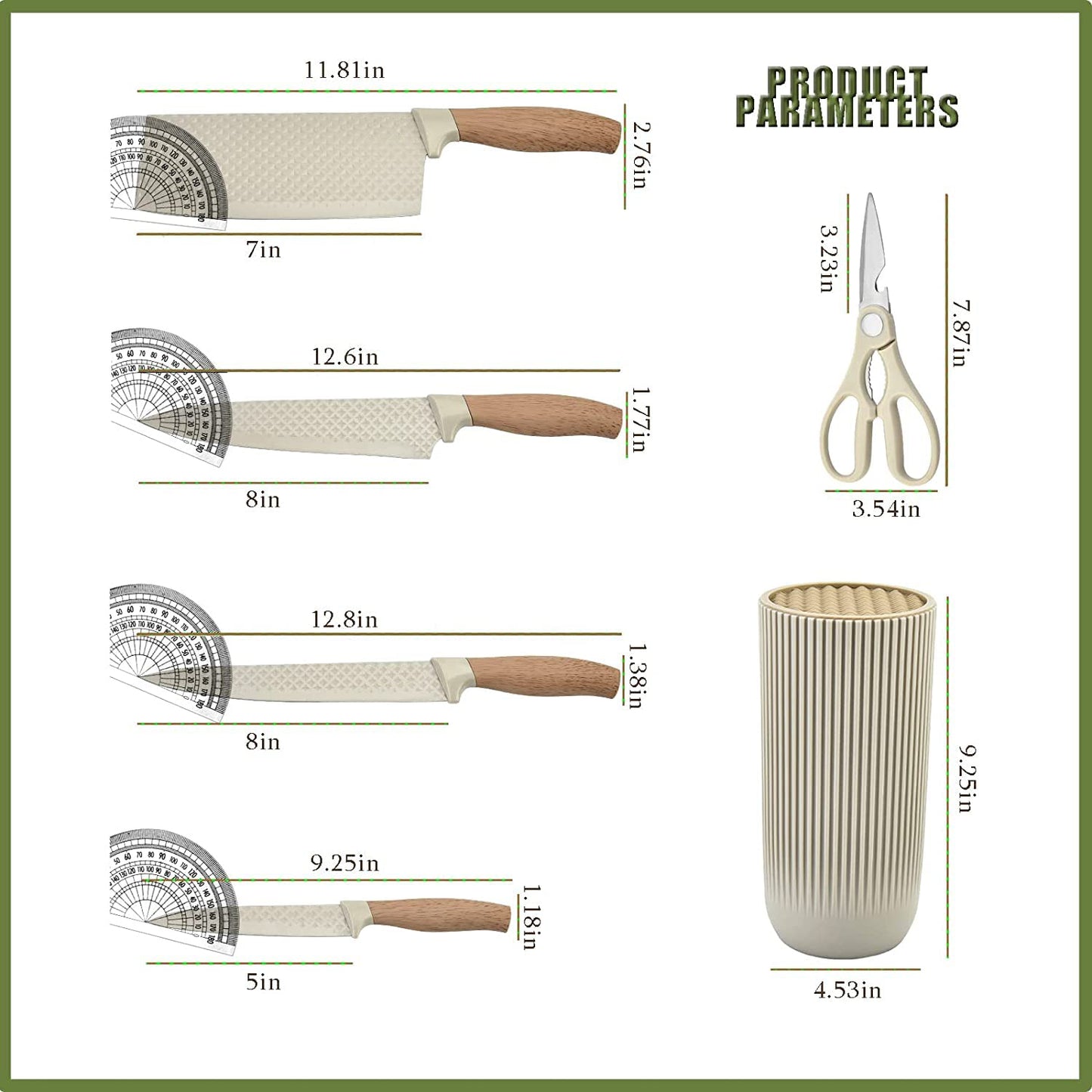 Vesteel Kitchen Knife Set of 7, Professional Stainless Steel Knives Set for Kitchen with Universal Knife Block - Khaki
