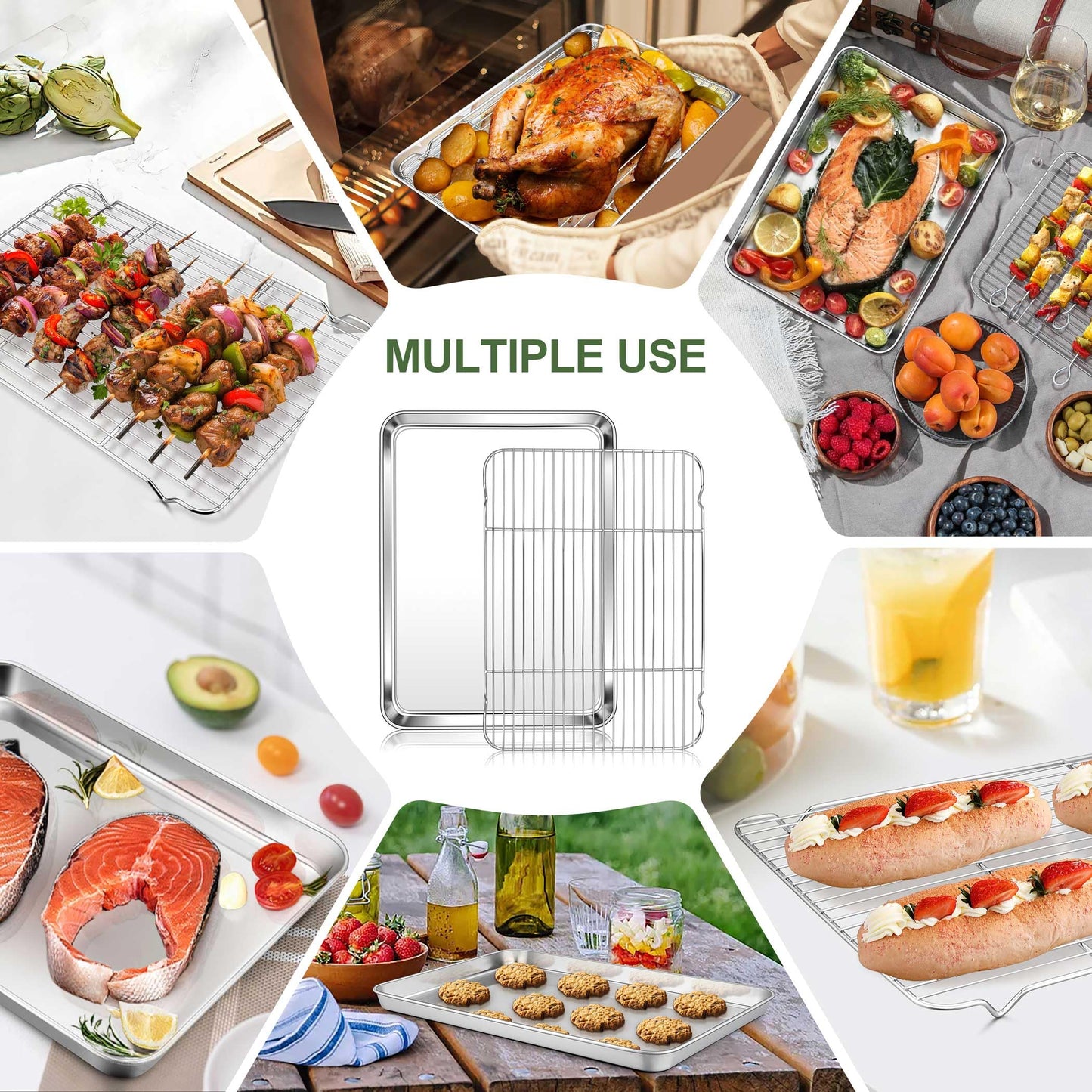 Vesteel Baking Sheet with Rack Set of 4, 18 inch Stainless Steel Cookie Sheet Baking Pan Tray with Cooling Rack, Nontoxic & Dishwasher Safe