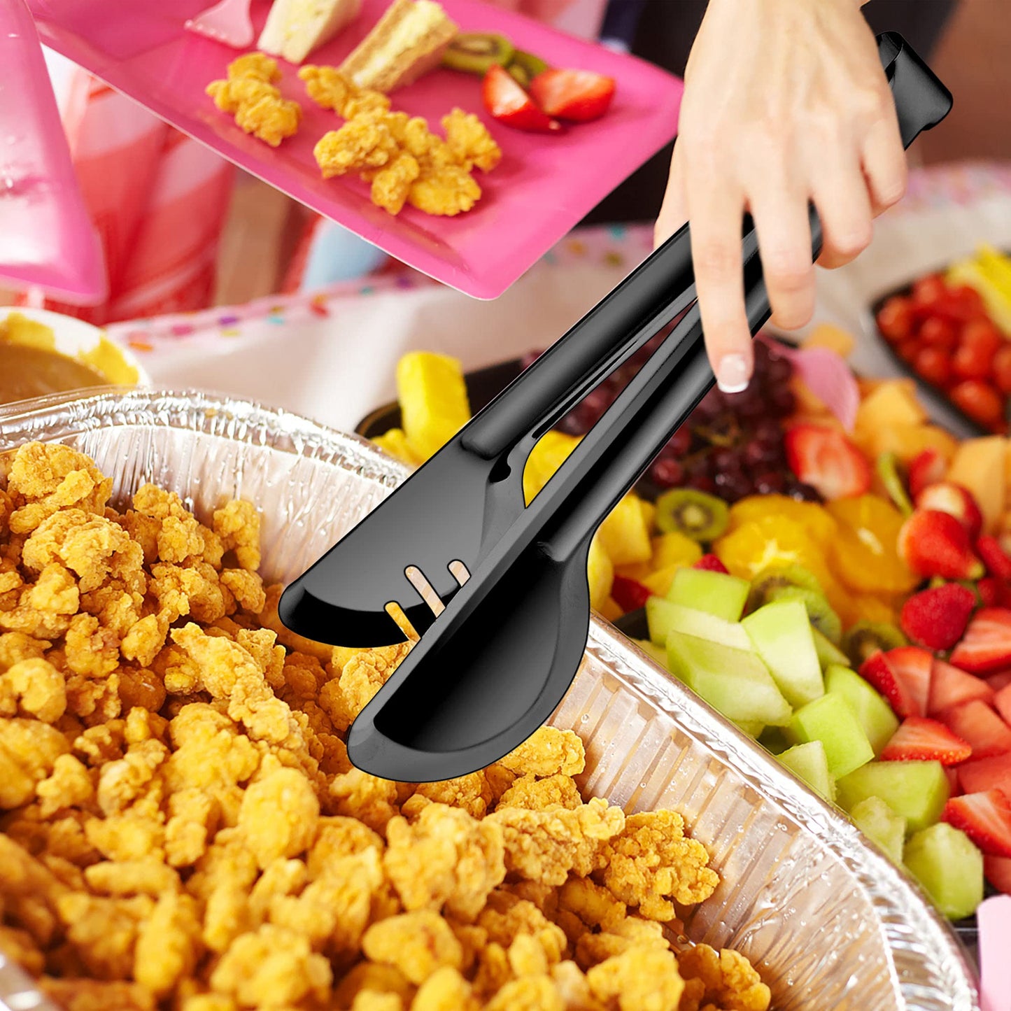 Vesteel 9 Piece Serving Set, 9.8 Inch Stainless Steel Silver Buffet Banquet Catering Serving Spoons Tongs Set, Black
