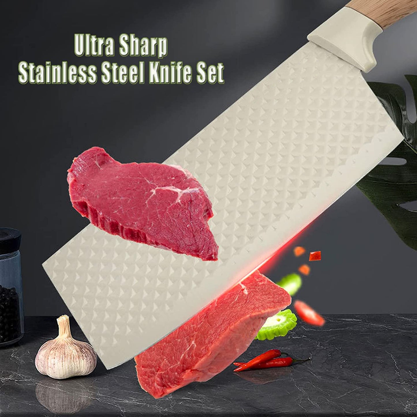 Vesteel Kitchen Knife Set of 7, Professional Stainless Steel Knives Set for Kitchen with Universal Knife Block - Khaki