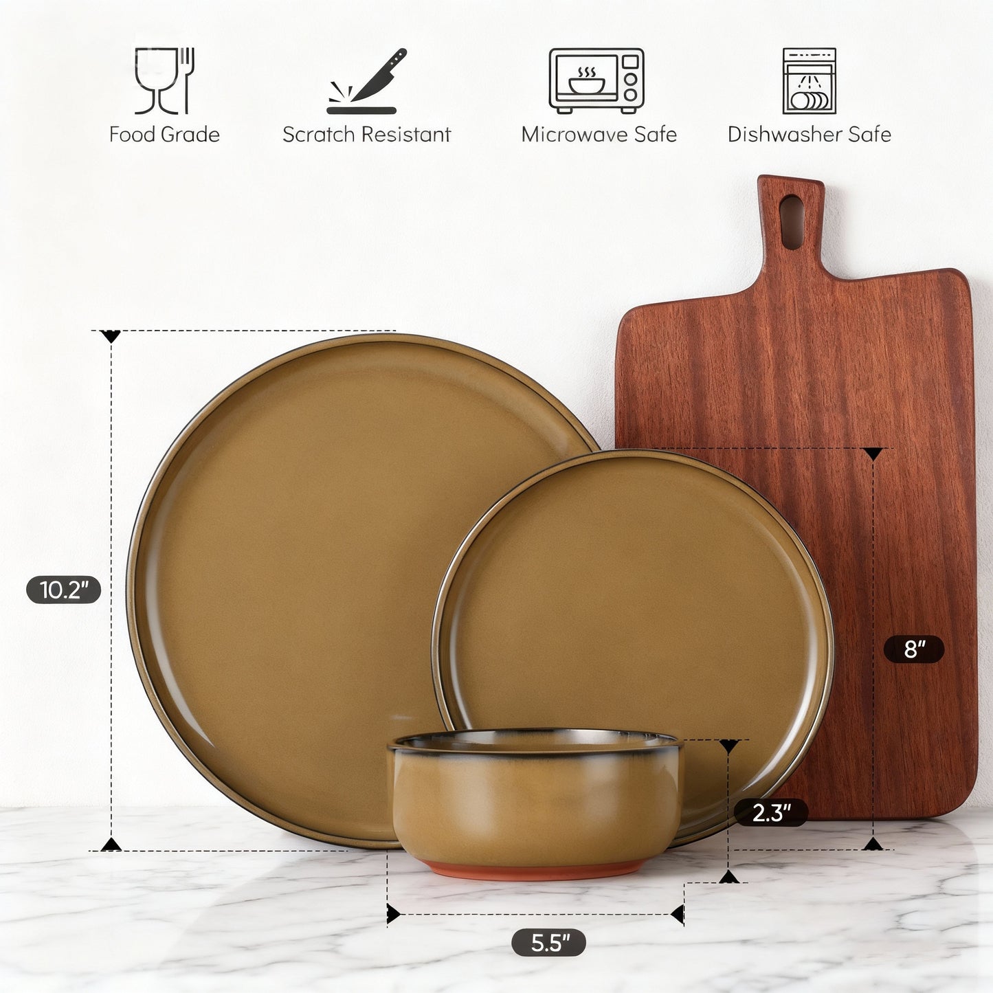 Onader Dinnerware Sets for 4, 12 Pieces Reactive Glaze Plates and Bowls Sets, Elegant Dishes with Rustic Terracotta Base - Khaki