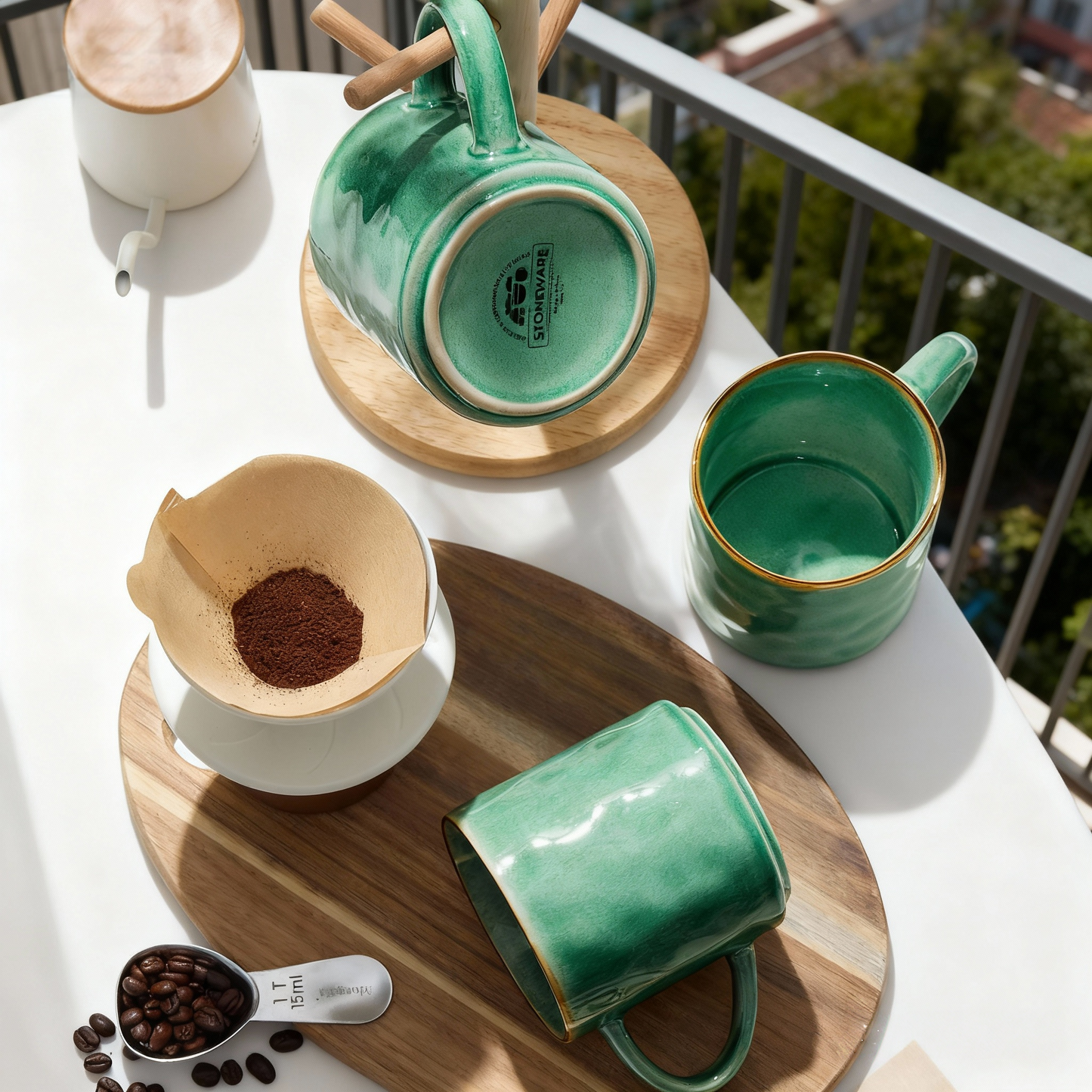 Onader 14OZ Coffee Mugs Set of 4, Stoneware Tea Mug Set with Handle, Ceramic Cups for Latte/Cocoa/Cappuccino, Dishwasher & Microwave Safe - Reactive Green