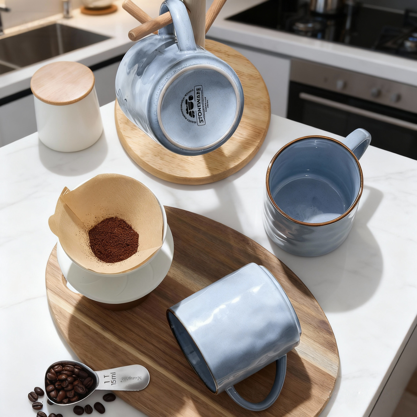 Onader 14OZ Coffee Mugs Set of 4, Stoneware Tea Mug Set with Handle, Ceramic Cups for Latte/Cocoa/Cappuccino, Dishwasher & Microwave Safe - Grey Blue