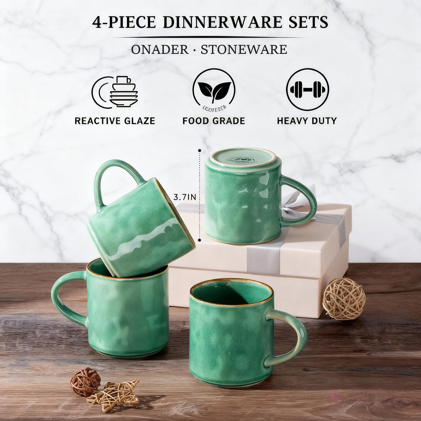 Onader 14OZ Coffee Mugs Set of 4, Stoneware Tea Mug Set with Handle, Ceramic Cups for Latte/Cocoa/Cappuccino, Dishwasher & Microwave Safe - Reactive Green