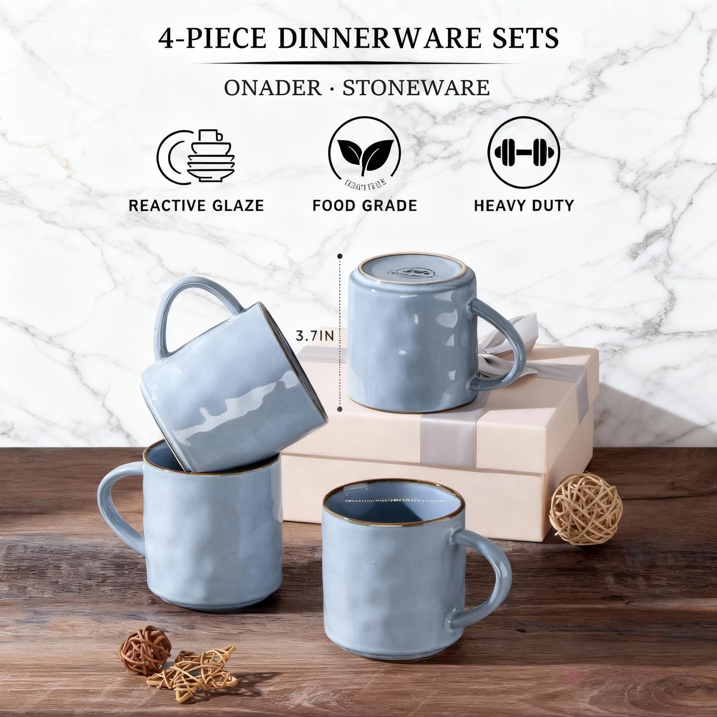 Onader 14OZ Coffee Mugs Set of 4, Stoneware Tea Mug Set with Handle, Ceramic Cups for Latte/Cocoa/Cappuccino, Dishwasher & Microwave Safe - Grey Blue