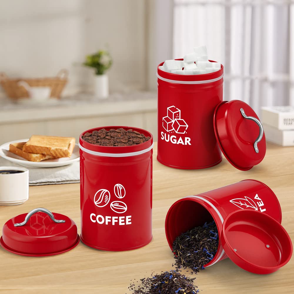Vesteel 3 Piece Kitchen Canisters for Kitchen Counter, Sugar Tea Coffee Kitchen Canister Set Food Storage Jars with Bamboo Lids - Red
